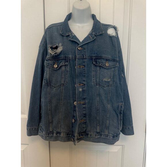 &Demin Distressed Blue Jacket With Button Closure Front Pockets, Small - Picture 1 of 12